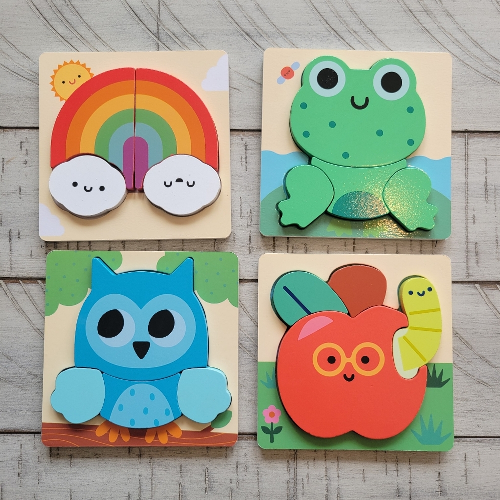 Giggle Scape Target 4 Wooden Kids Puzzle Set - Rainbow, Frog, Owl, Apple